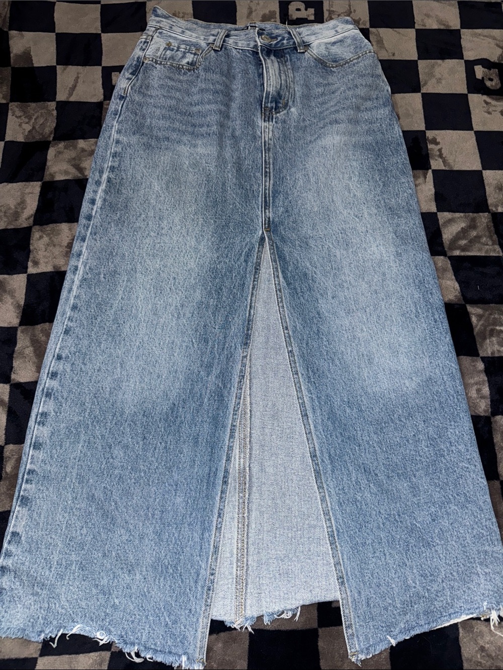 Steve Madden Washed Blue Denim Maxi Skirt with Center Front Slit